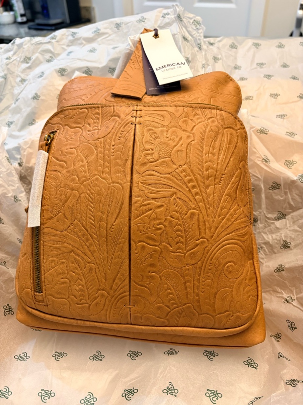 NWT Embossed Floral Leather Backpack - American Leather - Tan - Picture 10 of 11